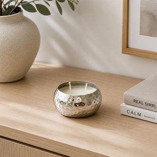 Hammered Two-Wick Candle in Silver Metal Holder, Unscented, 200g Wax Fill, 10 cm