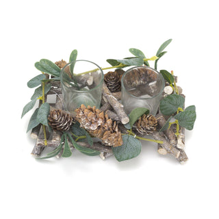 20cm Alpine Sage Double Christmas Tealight Candle Holder | Twin Christmas Garland Tea Light Holder | Christmas Candle Centerpiece