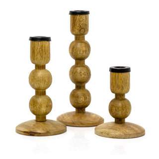 Set Of 3 Mango Wood Candlesticks | 3 Piece Rustic Dinner Candle Stick Holders