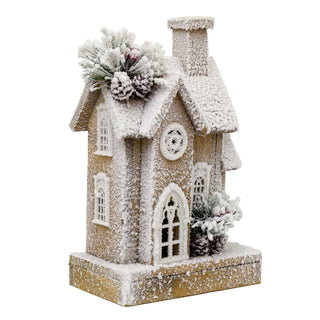 Natural Flocked LED Wooden Christmas House | Rustic Festive Snowy House - 32cm