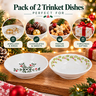 Pack Of 2 Christmas Trinket Dishes, Holly & Snowflake, Gisela Graham 10cm
