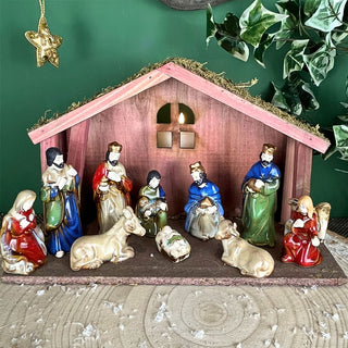 11-Piece Traditional Nativity Set with 10 Ceramic Figures & Wooden Stable - 30cm