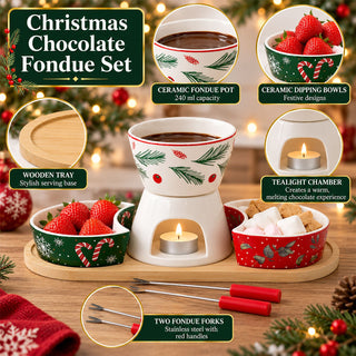 Christmas Chocolate Fondue Set, 6-Piece Ceramic Kit with Bowls & Forks