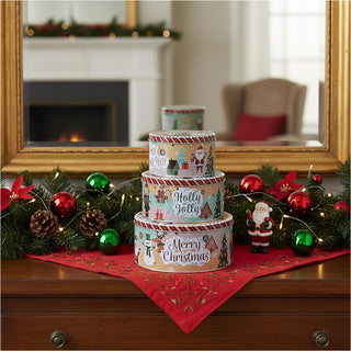 Set of 3 Christmas Storage Tins | 3-piece Triple Festive Round Nesting Tins