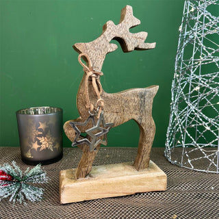 Rustic Wooden Reindeer Ornament | Christmas Deer Sculpture on Wooden Base - 26cm