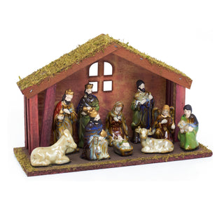 11-Piece Traditional Nativity Set with 10 Ceramic Figures & Wooden Stable - 30cm