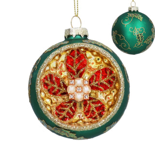 Green & Gold Concave Glass Christmas Bauble, Gisela Graham Poinsettia 8cm
