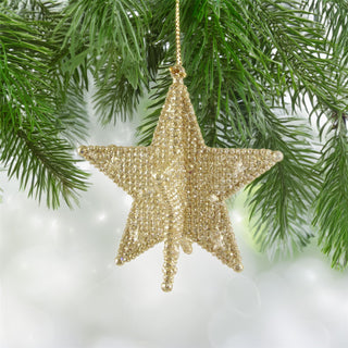 Gold Beaded Star Bauble | Gold Glitter 3D Star Christmas Tree Ornament - 9cm