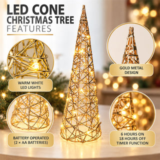 Gold LED Cone Christmas Tree Decoration 40cm, Battery Operated Timer