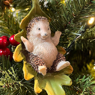 Hedgehog Christmas Bauble | Leaf-Shaped Resin Christmas Tree Ornament - 11cm