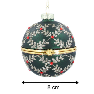 Green & Sparkling Silver Locket Bauble | Christmas Tree Hanging Ornament - 8cm