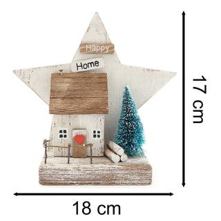 Rustic Happy Home Ornament | Charming Wooden House with Festive Star - 17cm