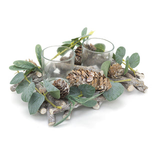 20cm Alpine Sage Double Christmas Tealight Candle Holder | Twin Christmas Garland Tea Light Holder | Christmas Candle Centerpiece