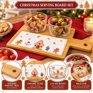 4-Piece Christmas Gingerbread Serving Board Set, 30cm Tray with 2 Glass Bowls