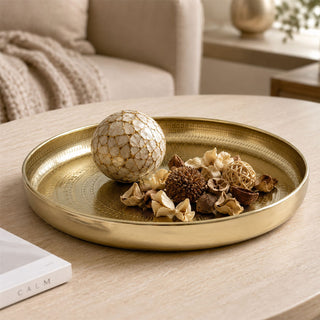 Gold Decorative Tray, 33 cm Round Coffee Table Tray with Mandala Design