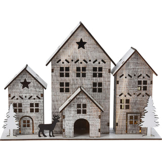 LED Wooden Christmas Scene | Light Up House Christmas Village Ornament - 18x25cm