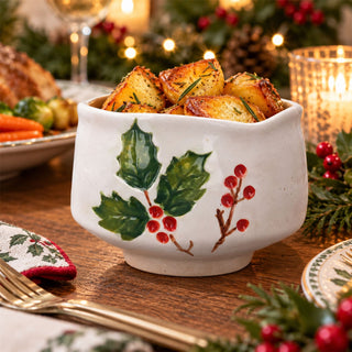 Holly & Berries Christmas Serving Bowl, Gisela Graham Ceramic 12.5cm