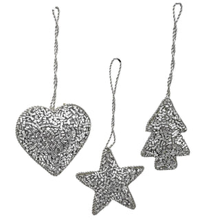 Set of 3 Christmas Tree Hanging Decorations | Silver Baubles Star Tree Heart