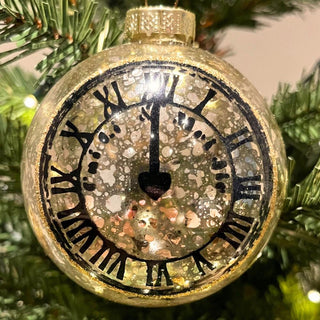 Silver & Gold Clock Bauble | Mottled Glass Christmas Tree Hanging Ornament - 8cm