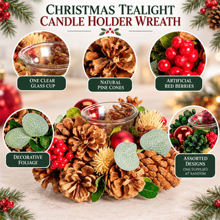 Christmas Tealight Candle Holder Wreath, 20 cm Glass Cup & Pine Cones