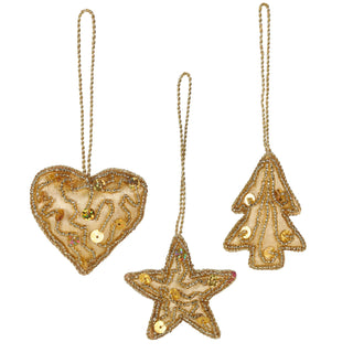 Set of 3 Christmas Tree Hanging Decorations | Gold Baubles Star Tree Heart