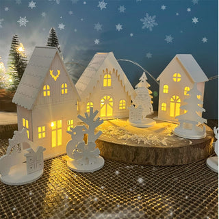 LED Christmas Village | 10-Piece Wooden Christmas Scene with 4 Light-Up Houses