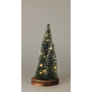 LED Bottle Brush Christmas Trees on Wooden Base | Snowy Green Light-Up Trees