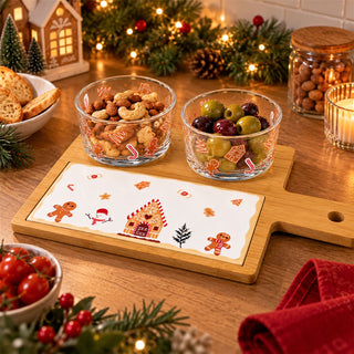 4-Piece Christmas Gingerbread Serving Board Set, 30cm Tray with 2 Glass Bowls