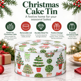 Topiary Christmas Cake Tin, Gisela Graham Festive Round Metal Storage Tin 23cm