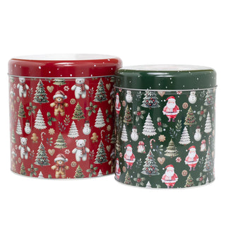 Set of 2 Round Christmas Tins | 2-piece Festive Red & Green Nesting Tins