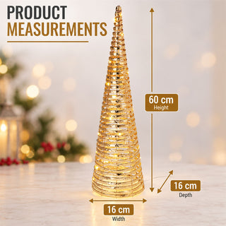 Gold LED Cone Tree Ornament 60cm, 40 Warm White Lights Battery Operated