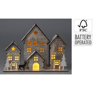 LED Wooden Christmas Scene | Light Up House Christmas Village Ornament - 18x25cm