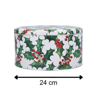 Holly & Berries Christmas Cake Tin | Round Festive Baking Storage Tin 24x12cm