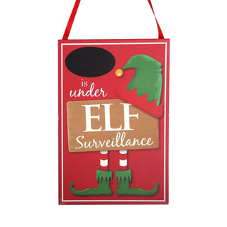 Hanging Wooden Elf Surveillance Plaque Christmas Sign - Red