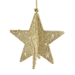 Gold Beaded Star Bauble | Gold Glitter 3D Star Christmas Tree Ornament - 9cm