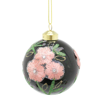 8cm Embroidered Floral Christmas Bauble | Green Glitter Christmas Ball Tree Decorations | Xmas Bauble Christmas Decor - Design Varies One Supplied