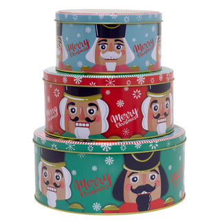Set of 3 Christmas Storage Tins | 3-piece Nutcracker Round Kitchen Nesting Tins