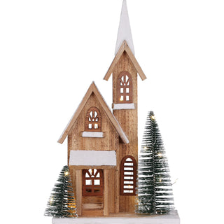 LED Wooden Christmas Church with Trees | Light-Up Nordic Chapel Ornament