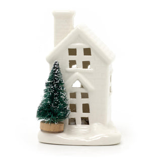 Mini White Ceramic LED Christmas House with Trees Ornament | Light up Decoration