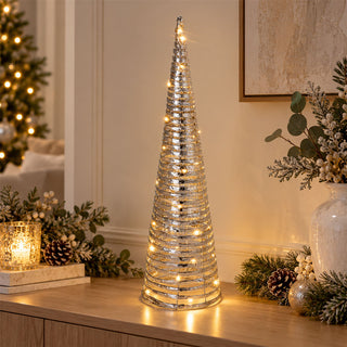 Silver LED Cone Tree Ornament 60cm, 40 Warm White Lights Battery Operated