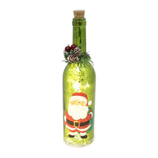 Mercury Glass Christmas Wine LED Bottle Lights Lantern Decoration ~ Green Santa