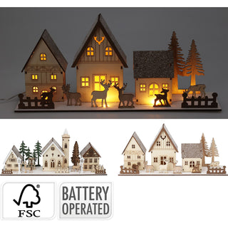 Christmas Scene Light-Up Houses | LED Wooden Winter Houses Ornament - 40cm