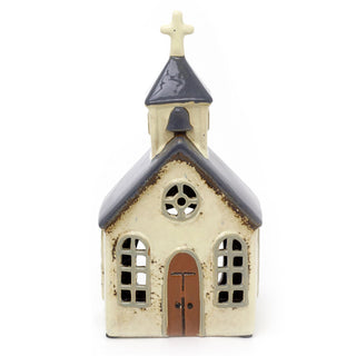 Village Church Tealight Candle Holder | Rustic Pottery Chapel Tea Light Ornament