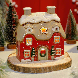 Red Stoneware Christmas House Tealight Holder | Christmas Candle Holder House