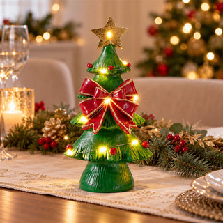 Resin LED Christmas Tree Decoration with Decorative Bow, Battery Operated
