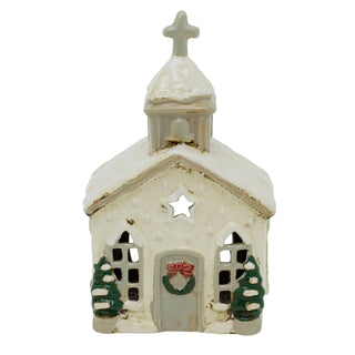 Natural Stoneware Christmas Church Tealight Holder | Christmas Candle Holder