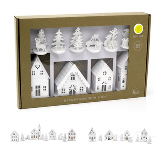 LED Christmas Village | 10-Piece Wooden Christmas Scene with 4 Light-Up Houses