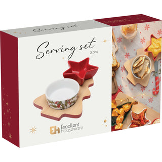Christmas Tree Serving Set with 2 Ceramic Snack Bowls and Wooden Tray, 3-Piece